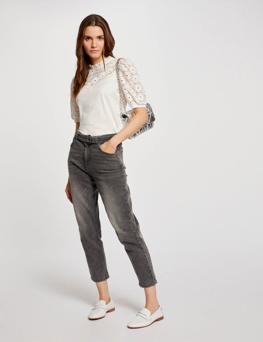 T-shirt manches courtes brod&eacute; ivoire femme