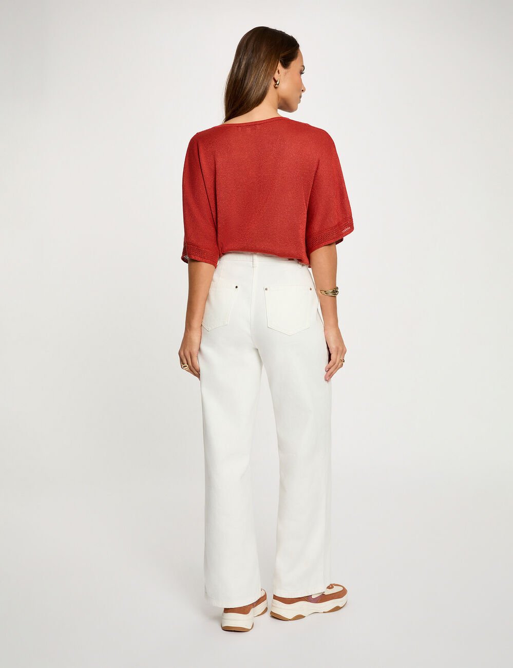 Pull col en V manches courtes orange fonc&eacute; femme