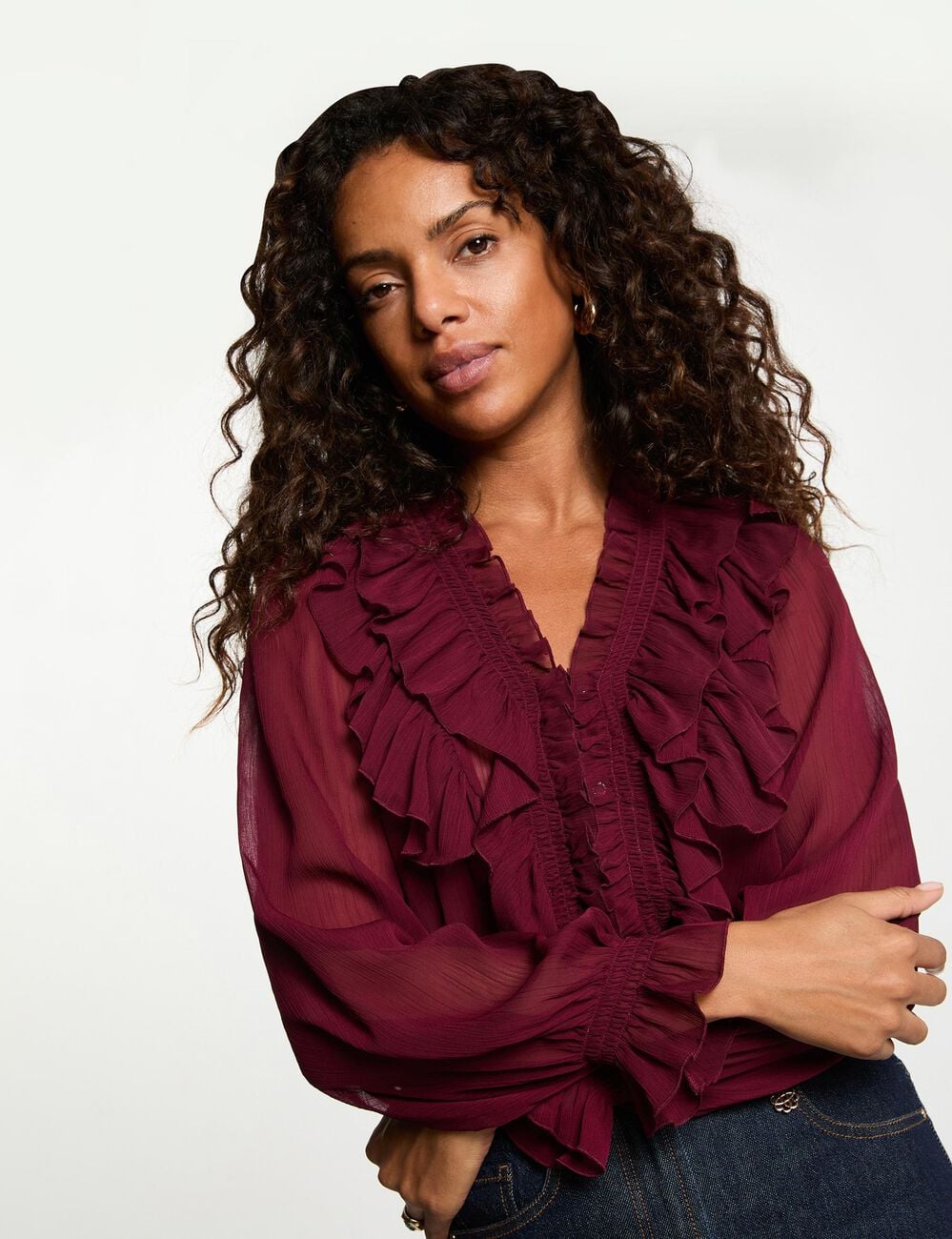 Vloeiende blouse met V-hals bordeaux vrouw