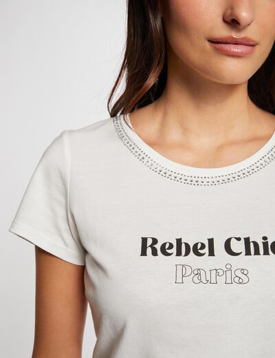 T-shirt inscription et strass ecru femme