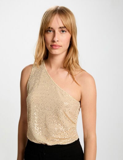 Top asymétrique strass couleur argent femme