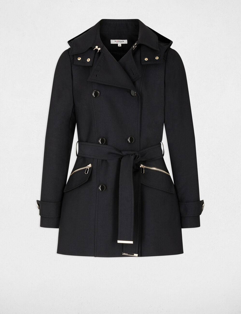 getailleerde trenchcoat met capuchon zwart vrouw Getailleerde trenchcoat met capuchon zwart vrouw