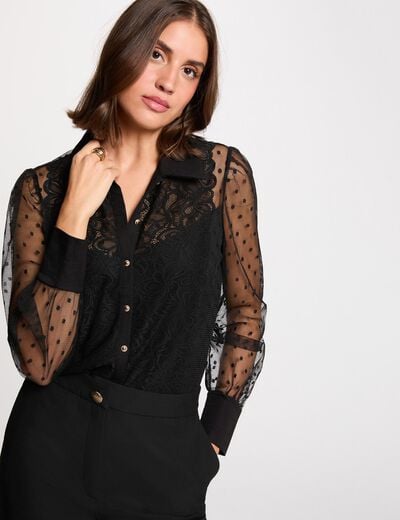 T-shirt met lange mouwen en kant zwart vrouw