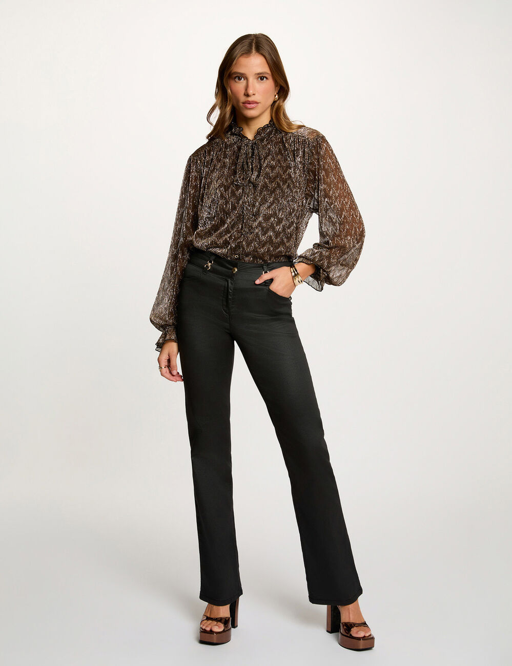 bootcut broek met coating zwart vrouw Bootcut broek met coating zwart vrouw