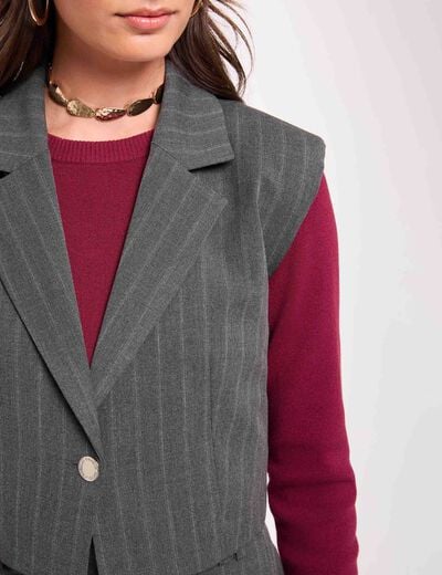Gilet ray&eacute; sans manches denim gris fonce femme