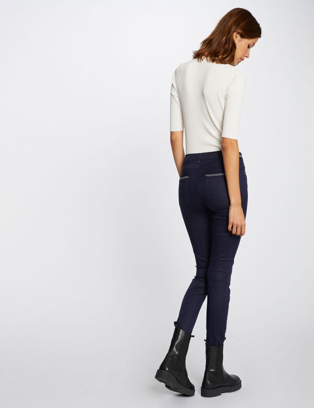 Pantalon slim enduit bleu marine femme