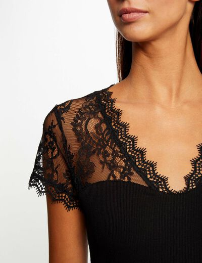 T-shirt met korte mouwen van kant zwart vrouw