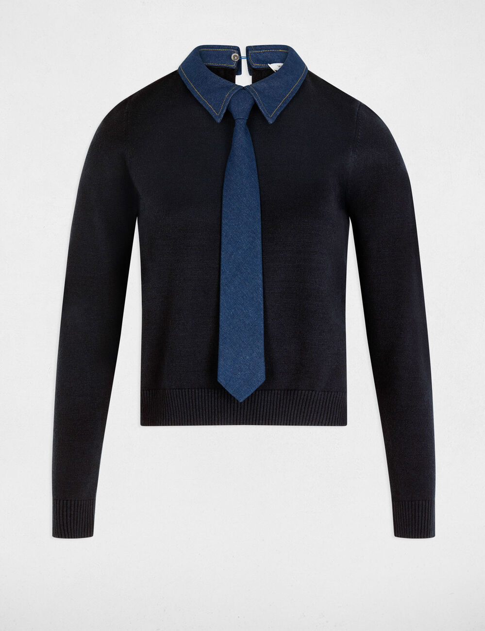 Pull col &agrave; revers bleu marine femme