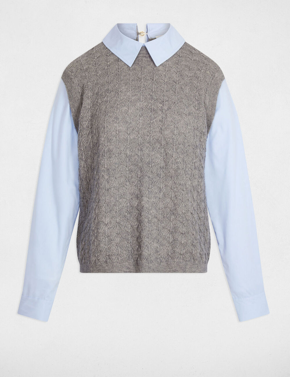 Pull col revers chemise gris clair femme