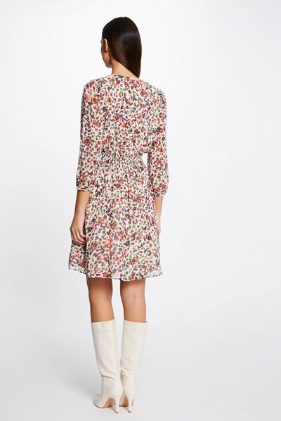 Robe trapèze fluide imprimé floral ecru femme