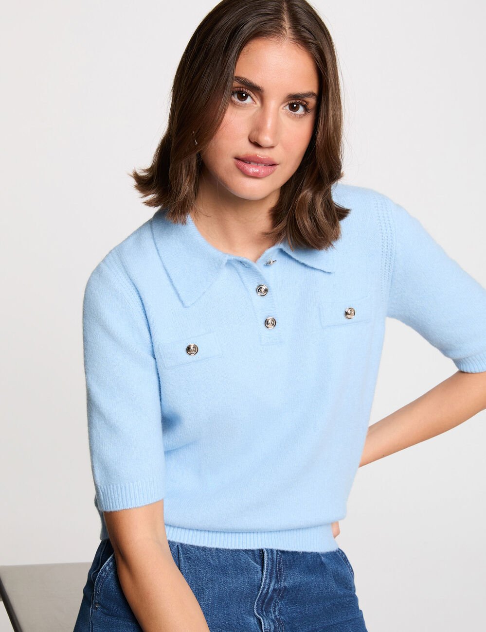 Pull ajust&eacute; col &agrave; revers bleu clair femme