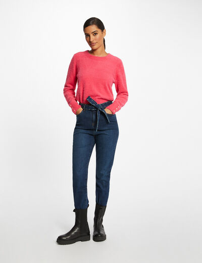 Regular jeans met hoge taille en riem jean stone vrouw