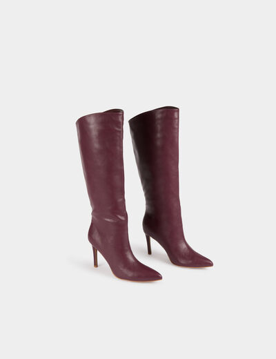 Bottes hautes à talons aiguilles en cuir prune femme