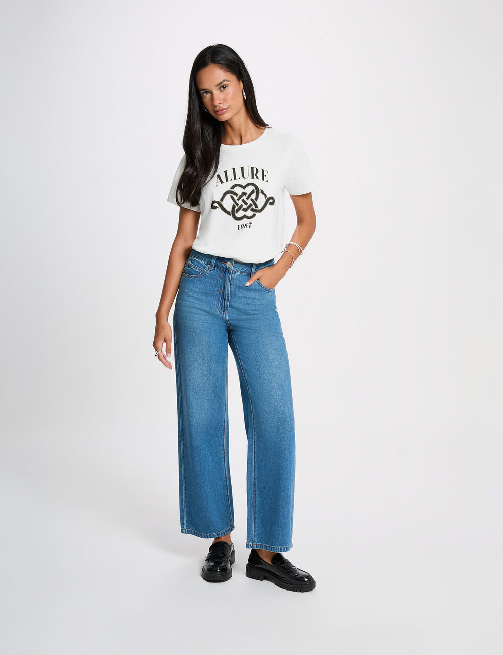 T-shirt met ronde hals en print helder wit vrouw