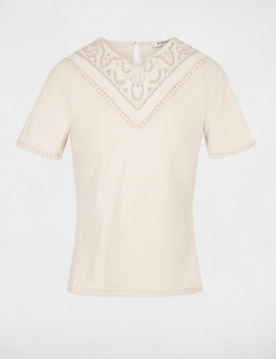 Geborduurd T-shirt licht beige vrouw