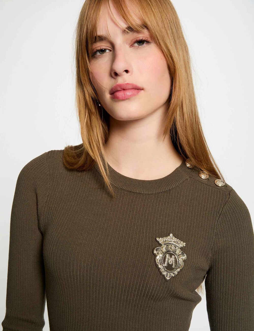 Pull col rond côtelé vert kaki femme