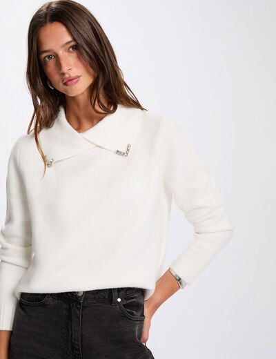 Pull col à revers ivoire femme