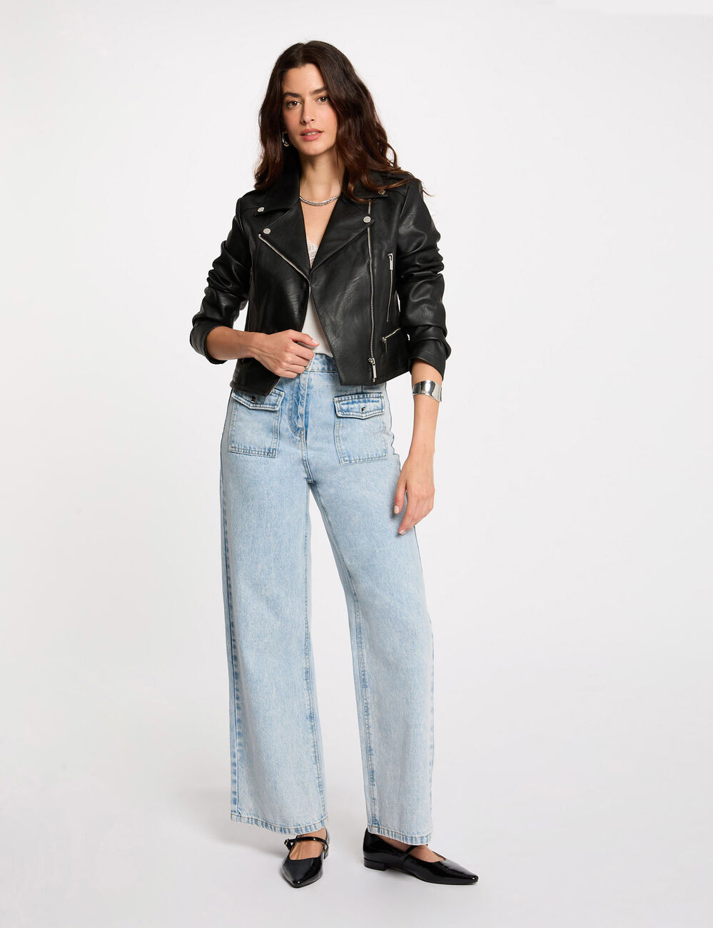 Blouson droit avec col cranté à revers noir femme
