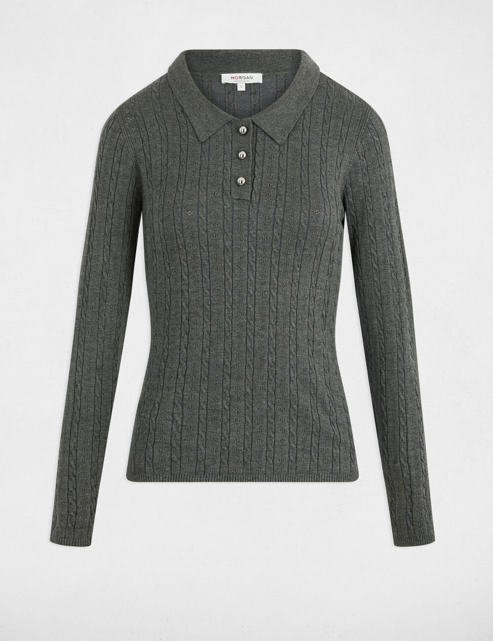 Pull ajusté col polo gris foncé femme