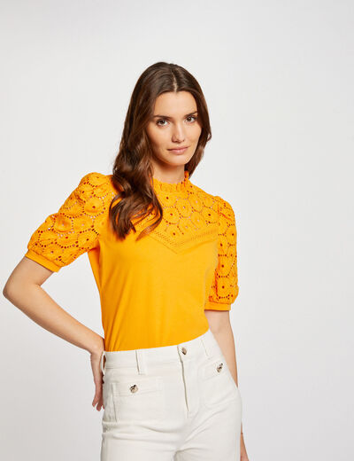 Geborduurd T-shirt met korte mouwen oranje vrouw