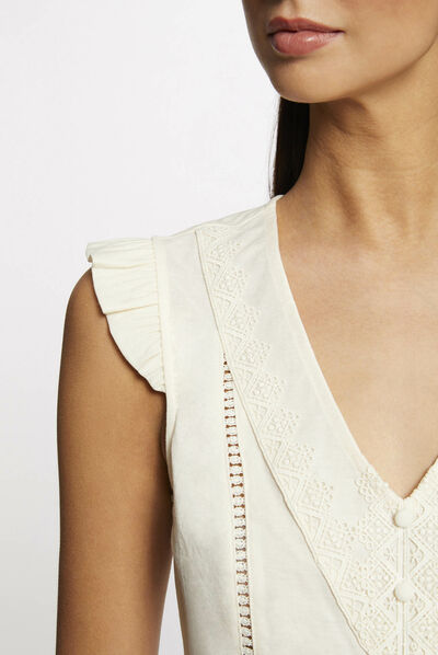 T-shirt manches courtes à dentelle ecru moyen femme