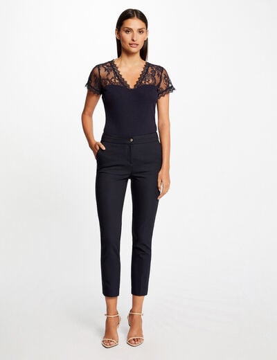 T-shirt met korte mouwen van kant marineblauw vrouw