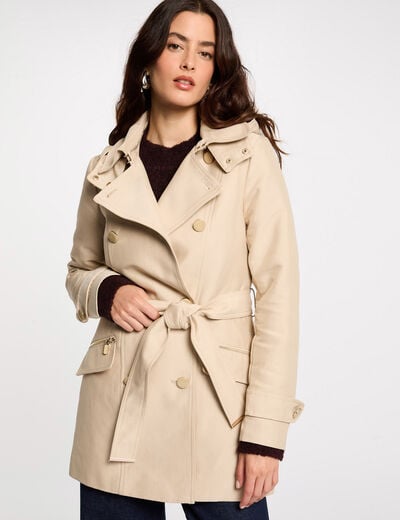 Trench cintré ceinturé à capuche sable femme