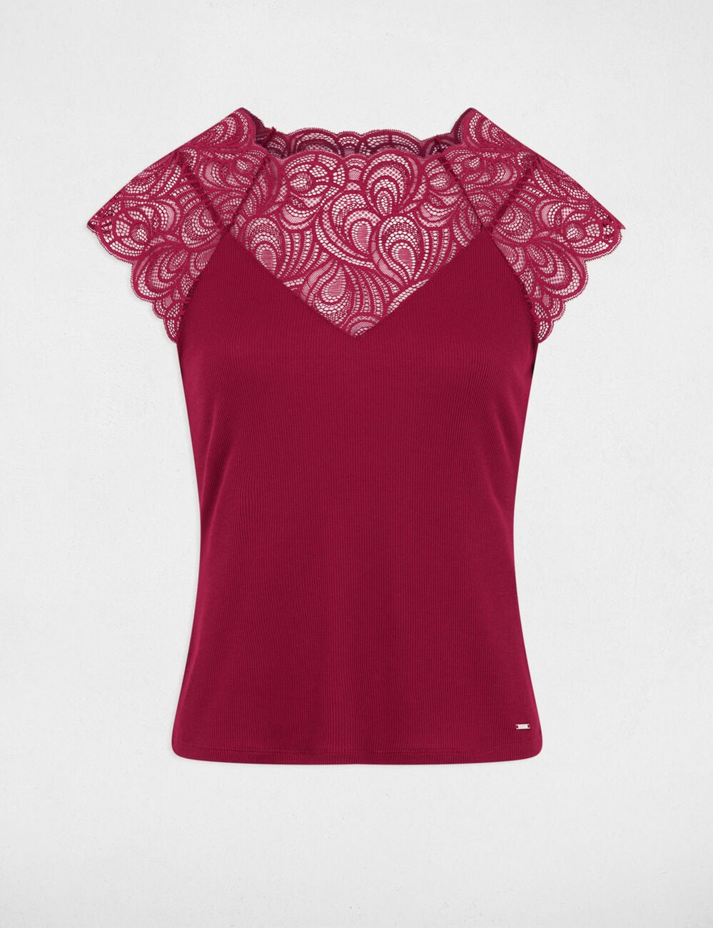 T shirt en dentelle col rond bordeaux femme