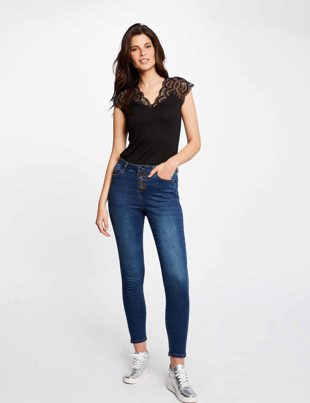 Kanten T-shirt met korte mouwen zwart vrouw