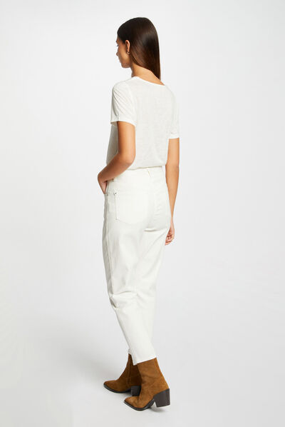 T-shirt met V-hals en korte mouwen ecru vrouw