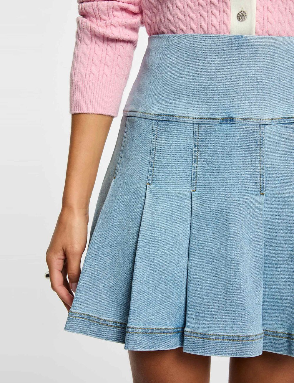 Geplooide korte rok stone washed denim vrouw