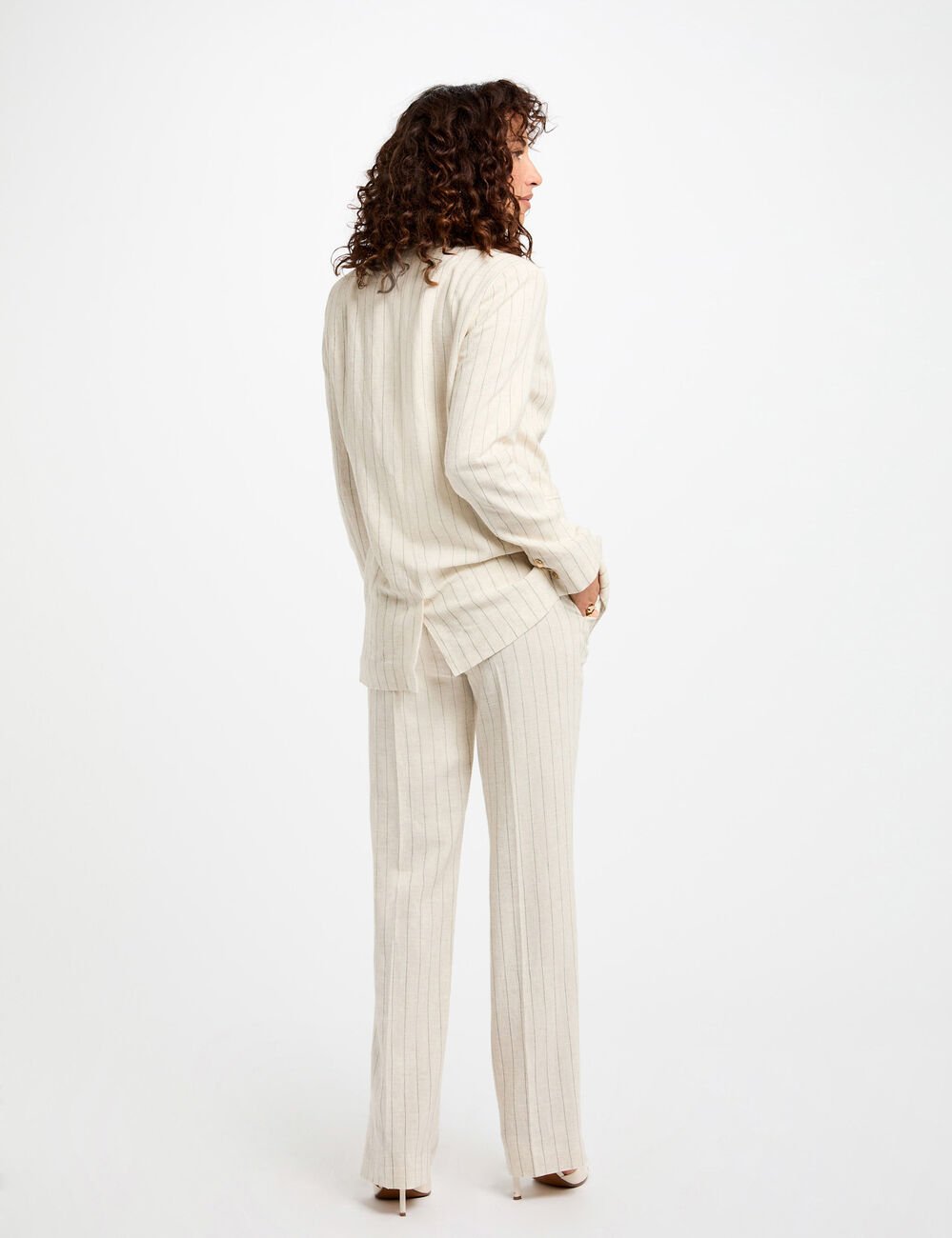 Pantalon large rayé beige femme