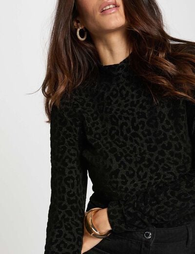 T-shirt met hoge kraag en luipaardprint zwart vrouw