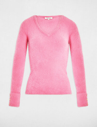 Pull manches longues maille duveteuse rose femme
