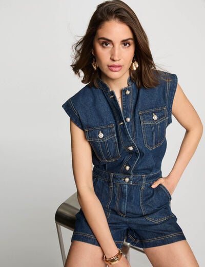 Korte jumpsuit in jeans ruw denim vrouw