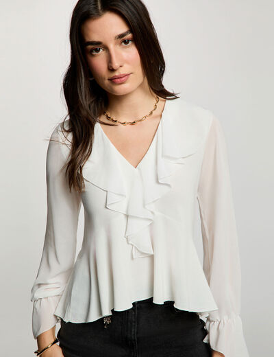 Top col v voile blanc femme