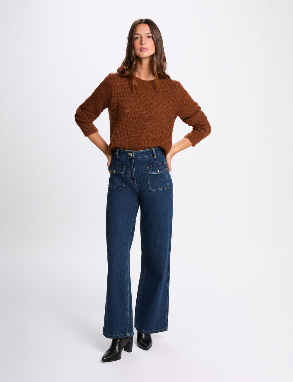 pull col rond manches longues marron cognac femme Pull col rond manches longues marron cognac femme