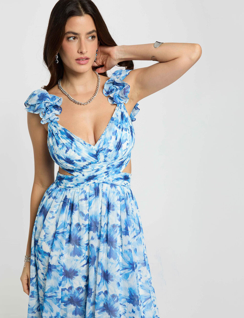 Lange bloemenjurk marineblauw vrouw