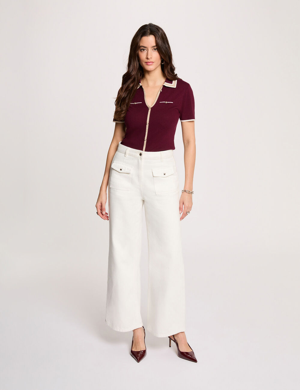 Pull col polo manches courtes prune femme