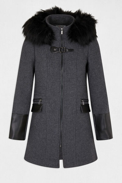 Manteau droit zippé à capuche gris anthracite femme