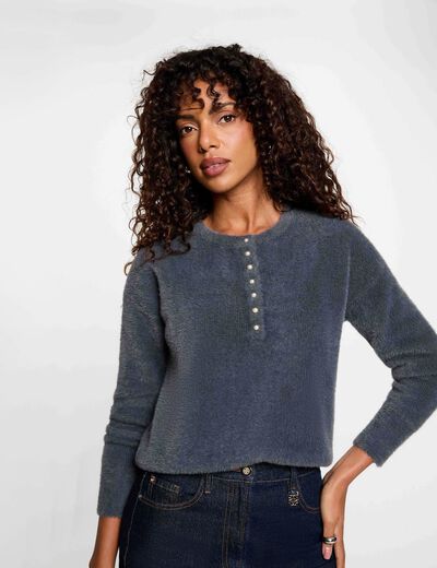 Pull col rond &agrave; boutons denim gris fonce femme