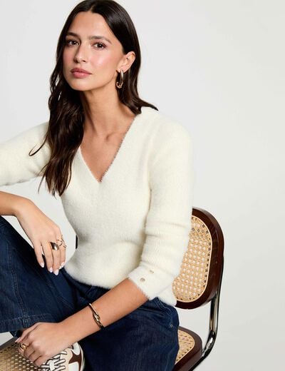 Pull col v manches longues ivoire femme