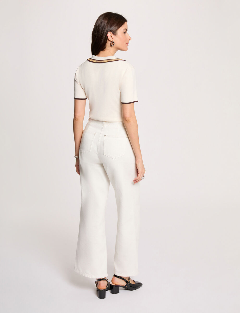 Pull col polo manches courtes ivoire femme