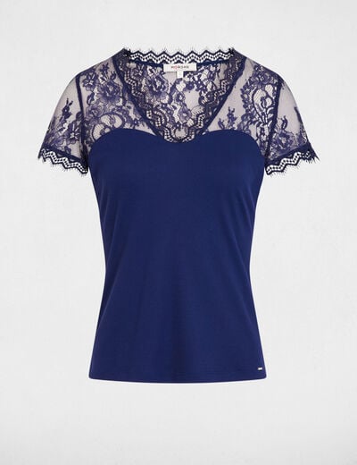 T-shirt manches courtes &agrave; dentelle bleu marine femme