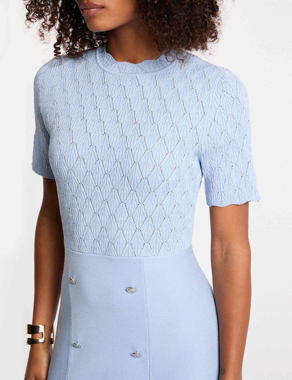 Robe tricot courte col rond bleu ciel femme