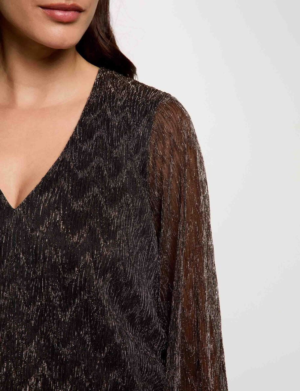 Blouse col v manches longues couleur bronze femme