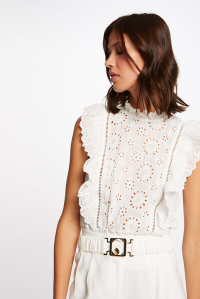 Débardeur bretelles larges à broderie ecru femme