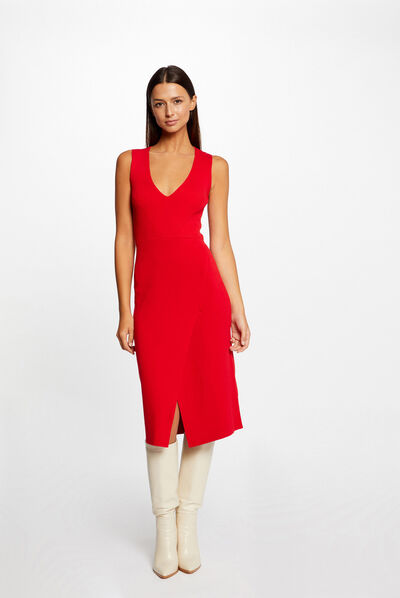 Getailleerde midi-sweaterjurk met V-hals rood vrouw