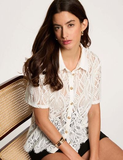 Chemise dentelle col &agrave; revers blanc femme