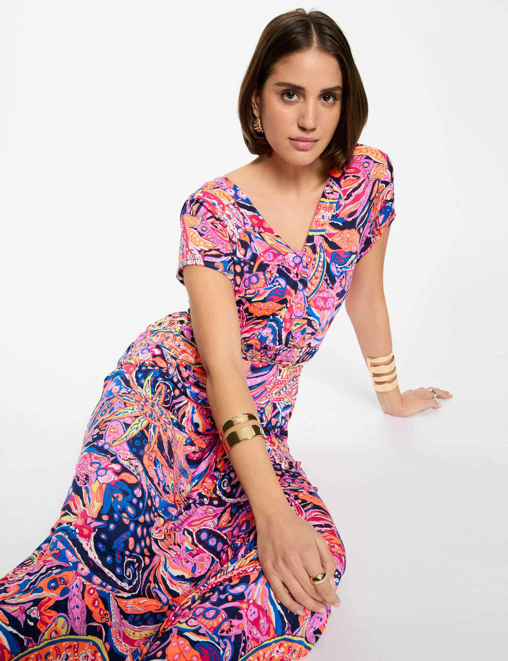 Robe longue droite imprimée multicolore femme